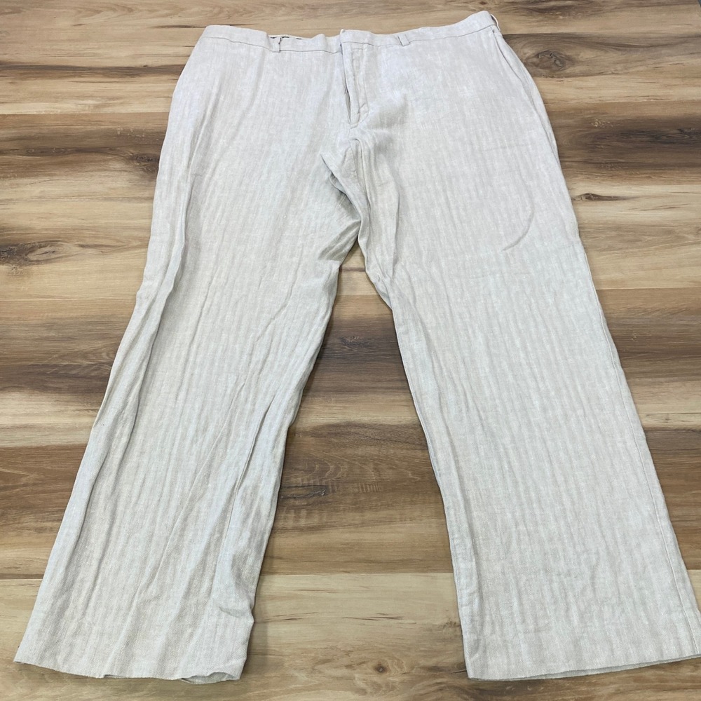 Perry Ellis Trousers 38/30 Linen Cotton Herringbone Straight Leg Beige Tan
